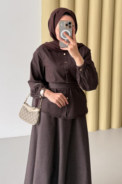 Güpür Detaylı Kot Takım Kahverengi