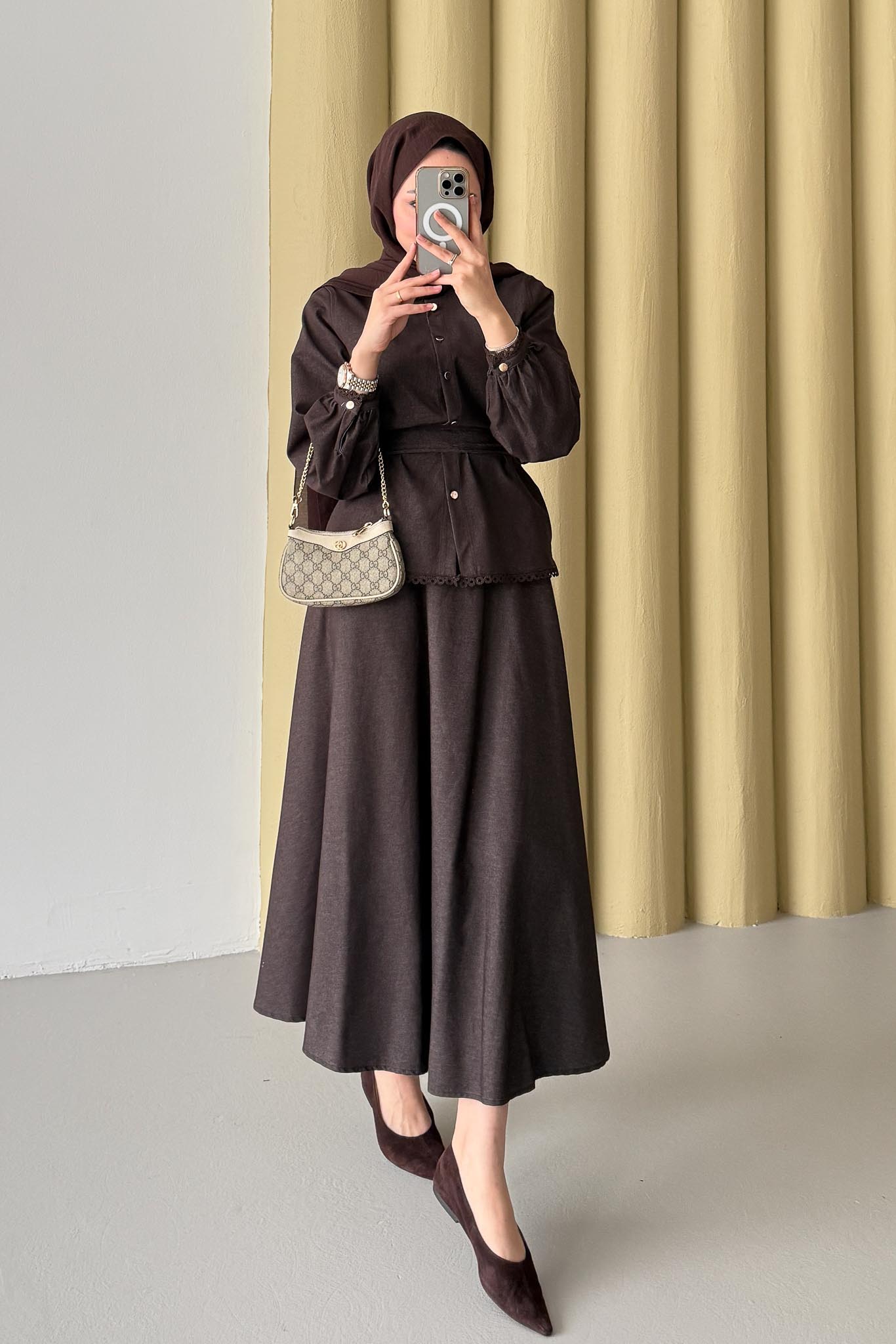 Güpür Detaylı Kot Takım Kahverengi