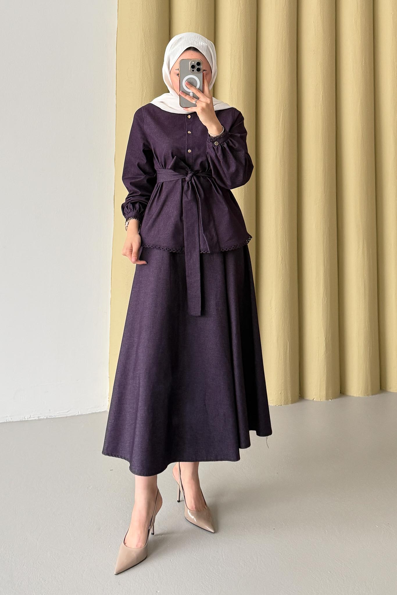 Güpür Detaylı Kot Takım Mor