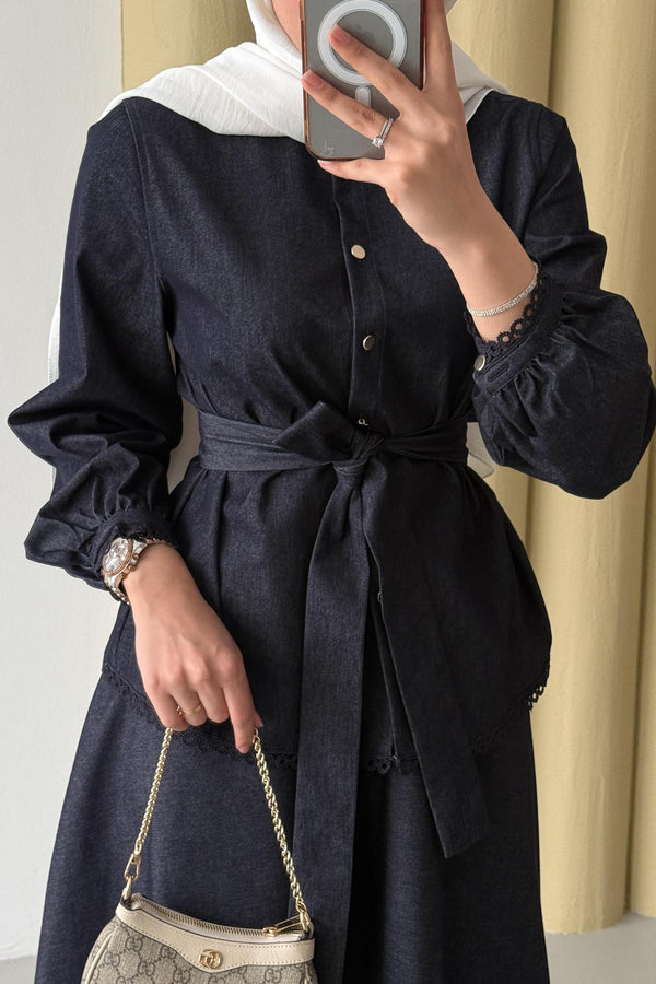 Woven Tweed Skirt Suit Navy Blue