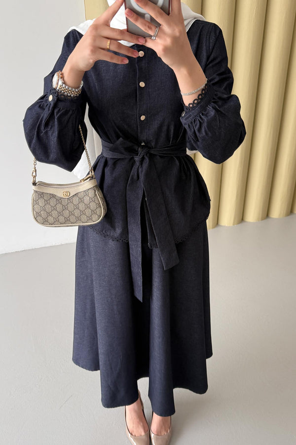 Woven Tweed Skirt Suit Navy Blue