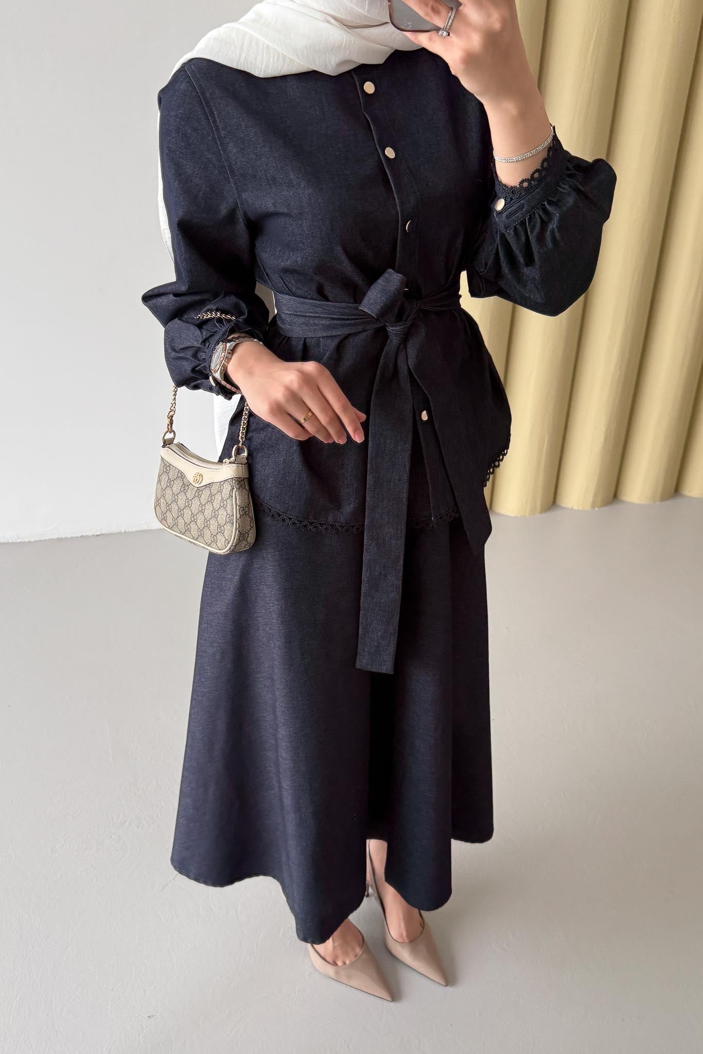 Woven Tweed Skirt Suit Navy Blue