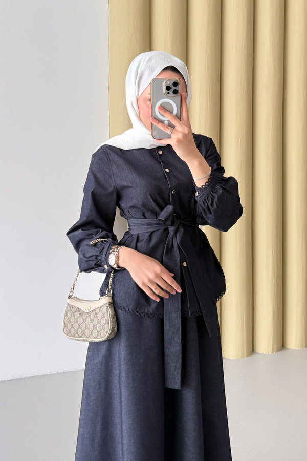Woven Tweed Skirt Suit Navy Blue