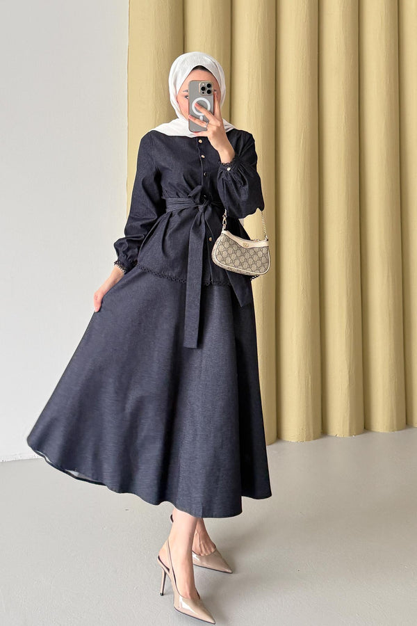 Woven Tweed Skirt Suit Navy Blue
