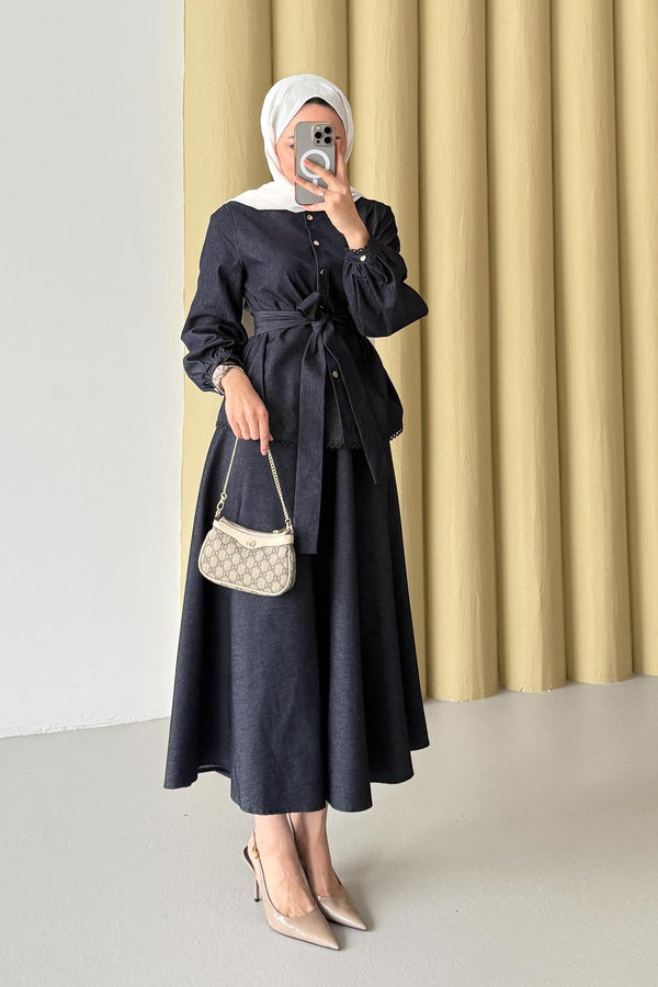 Woven Tweed Skirt Suit Navy Blue