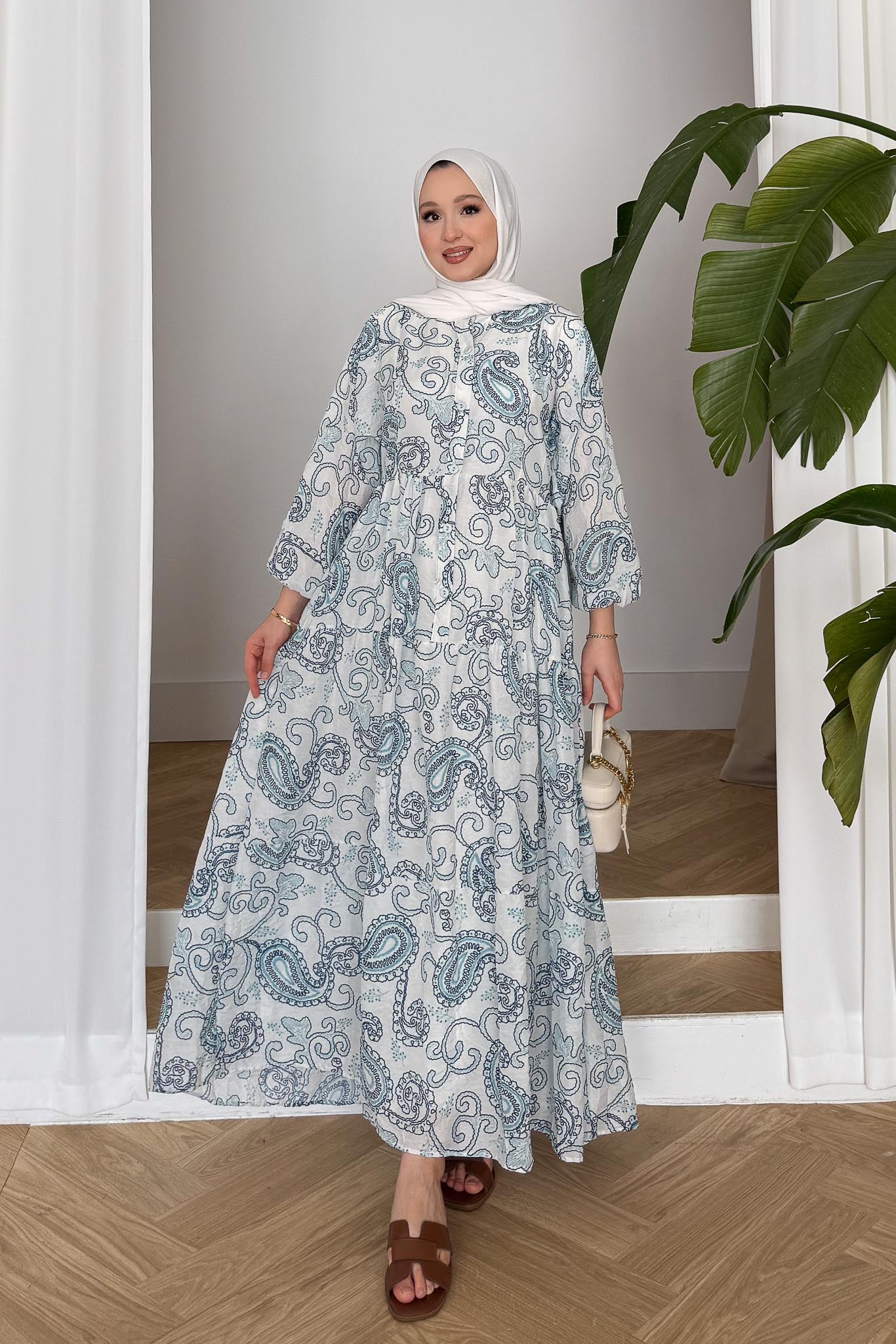Sahmer Desenli Elbise Mavi