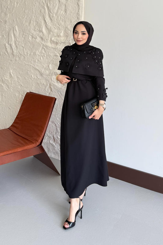 Doqu Pelerin Elbise Siyah