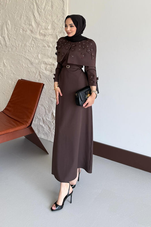 Doqu Pelerin Elbise Kahverengi