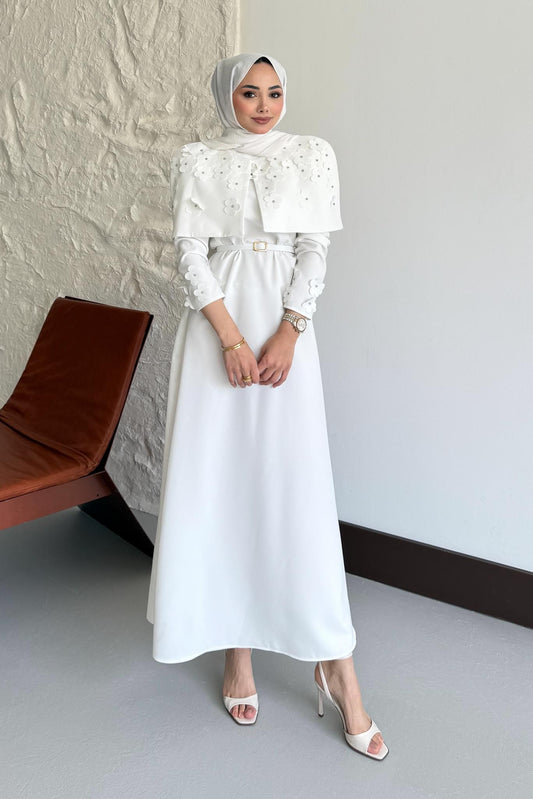 Doqu Pelerin Elbise Beyaz