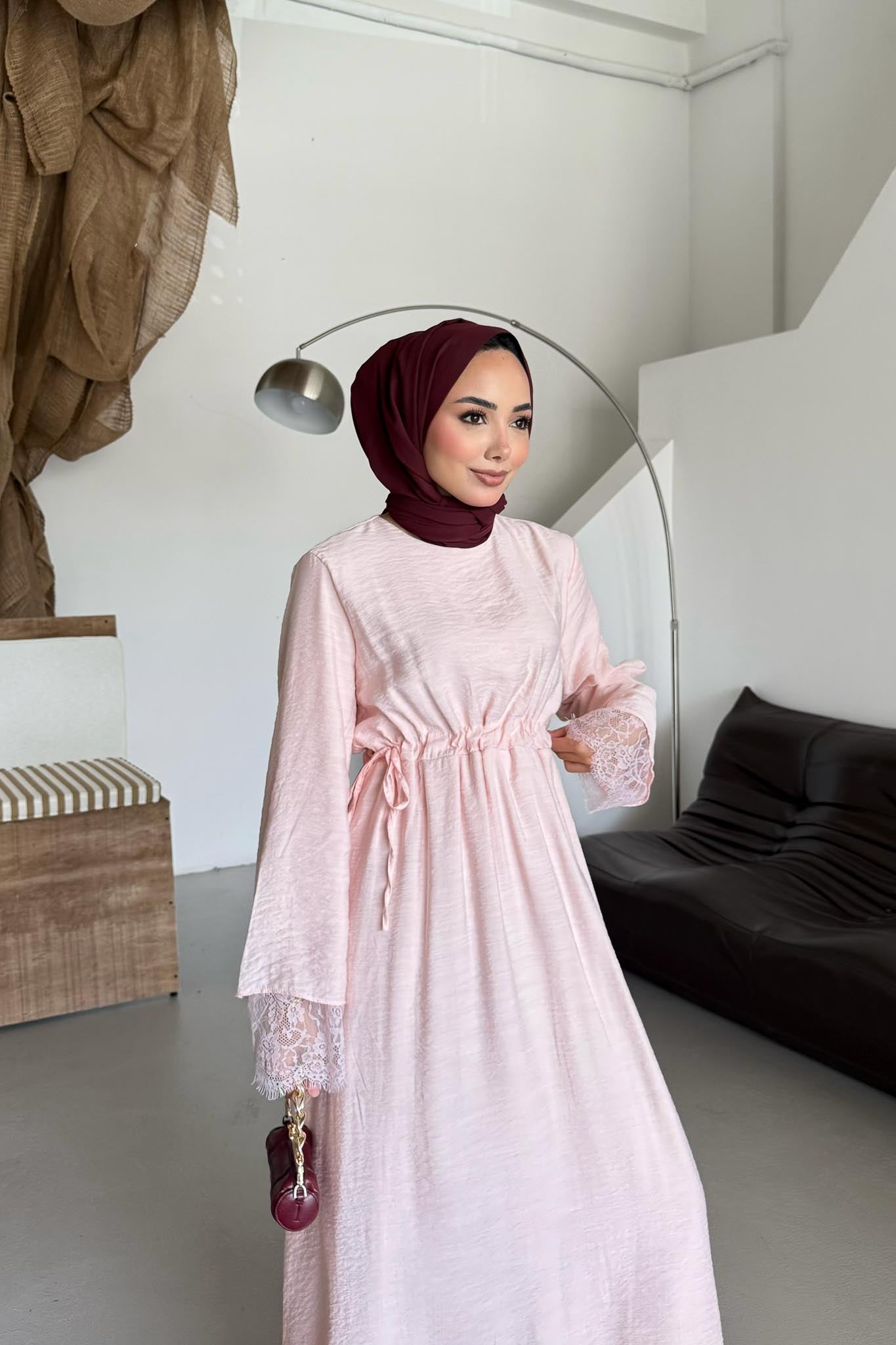 Dual Dantelli Elbise Pembe