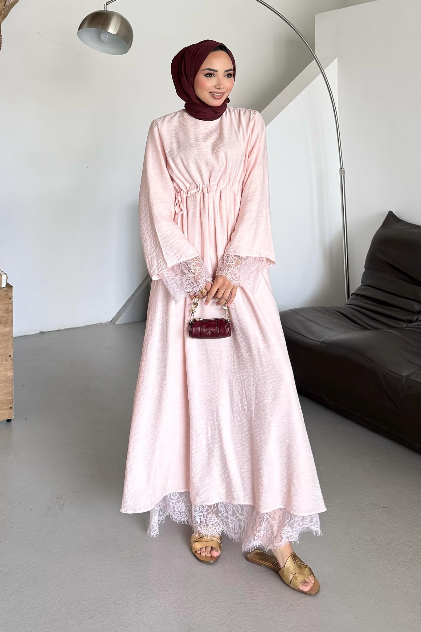 Dual Dantelli Elbise Pembe