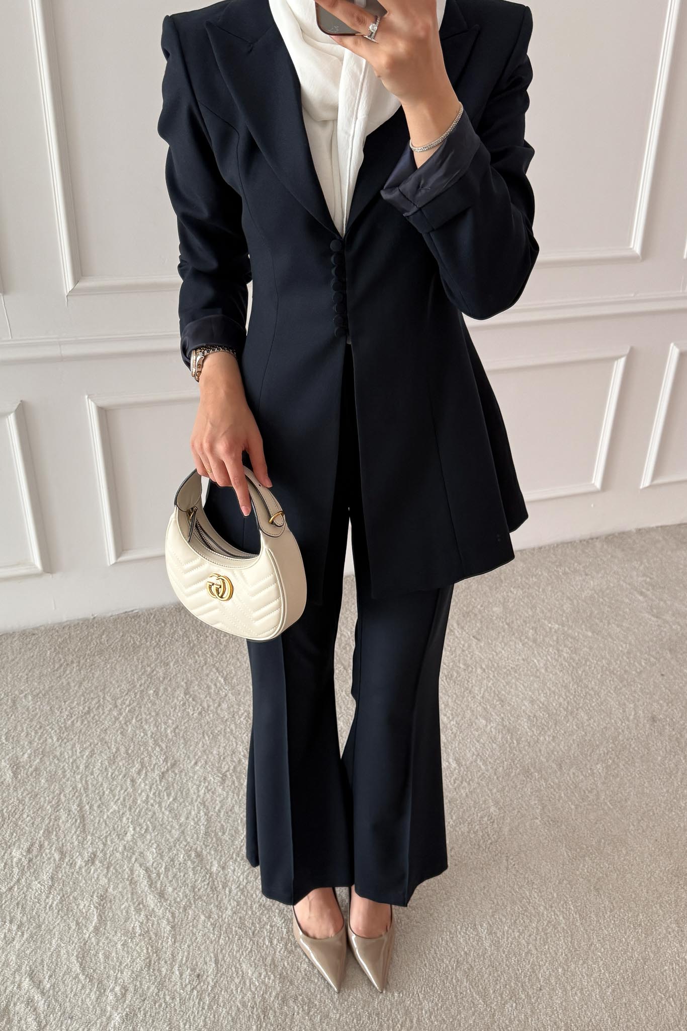 Woven Tweed Skirt Suit Navy Blue