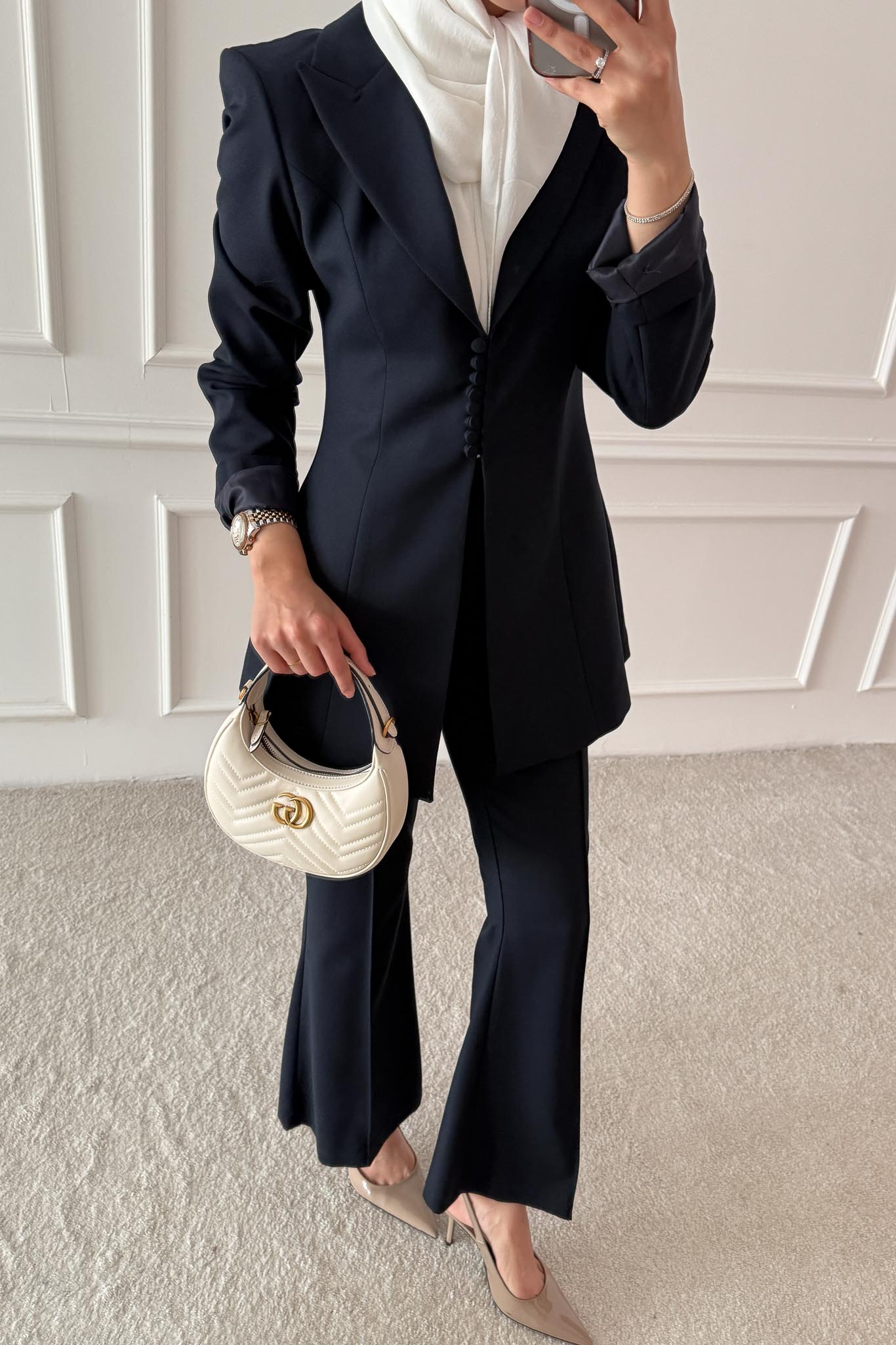 Woven Tweed Skirt Suit Navy Blue