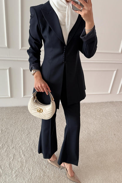 Woven Tweed Skirt Suit Navy Blue