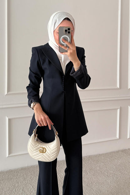 Woven Tweed Skirt Suit Navy Blue