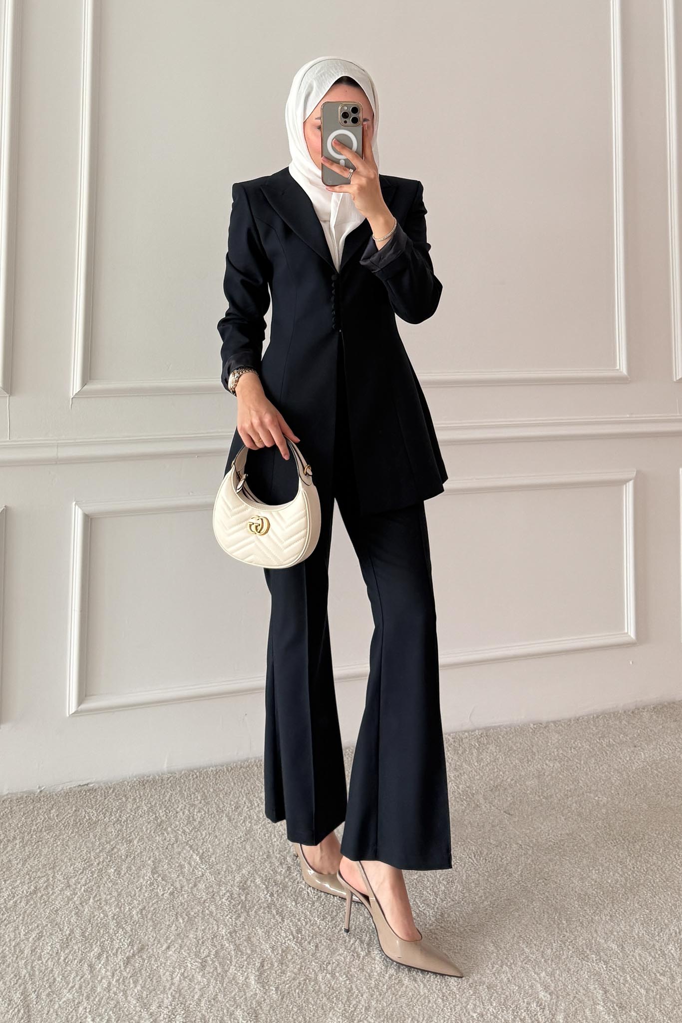 Woven Tweed Skirt Suit Navy Blue