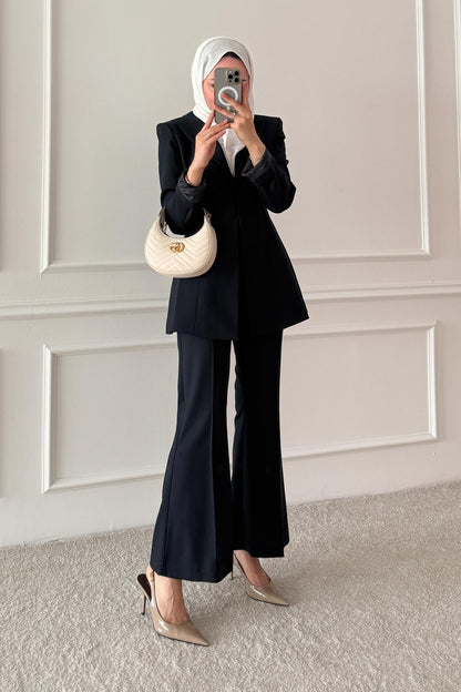 Woven Tweed Skirt Suit Navy Blue