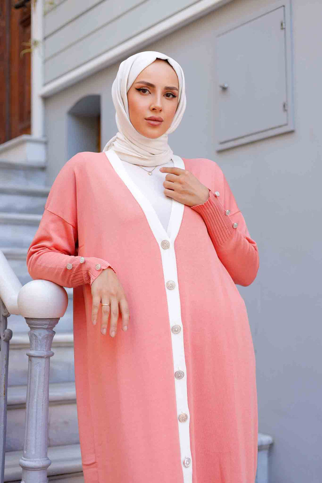 Düğmeli Merserize Hırka Pembe