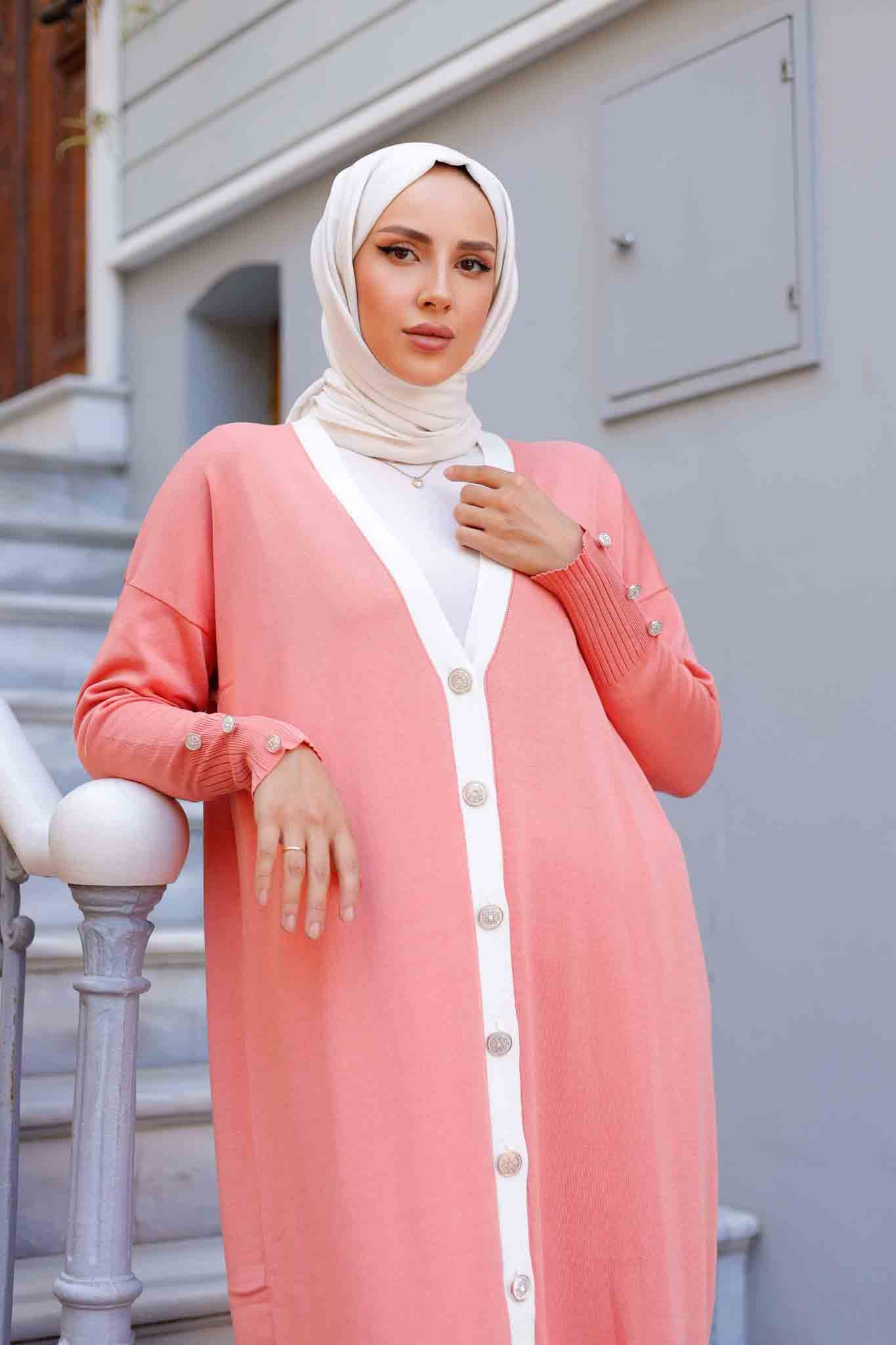 Düğmeli Merserize Hırka Pembe