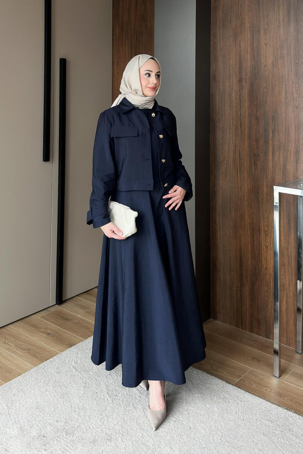 Woven Tweed Skirt Suit Navy Blue
