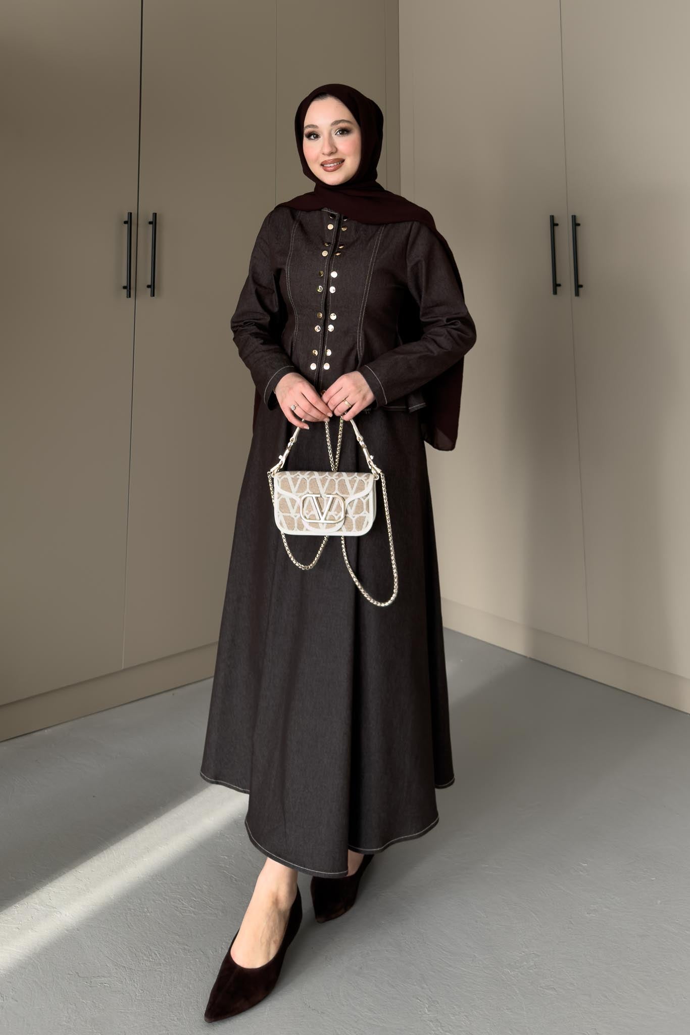 Çıtçıtlı Kot Takım Kahverengi