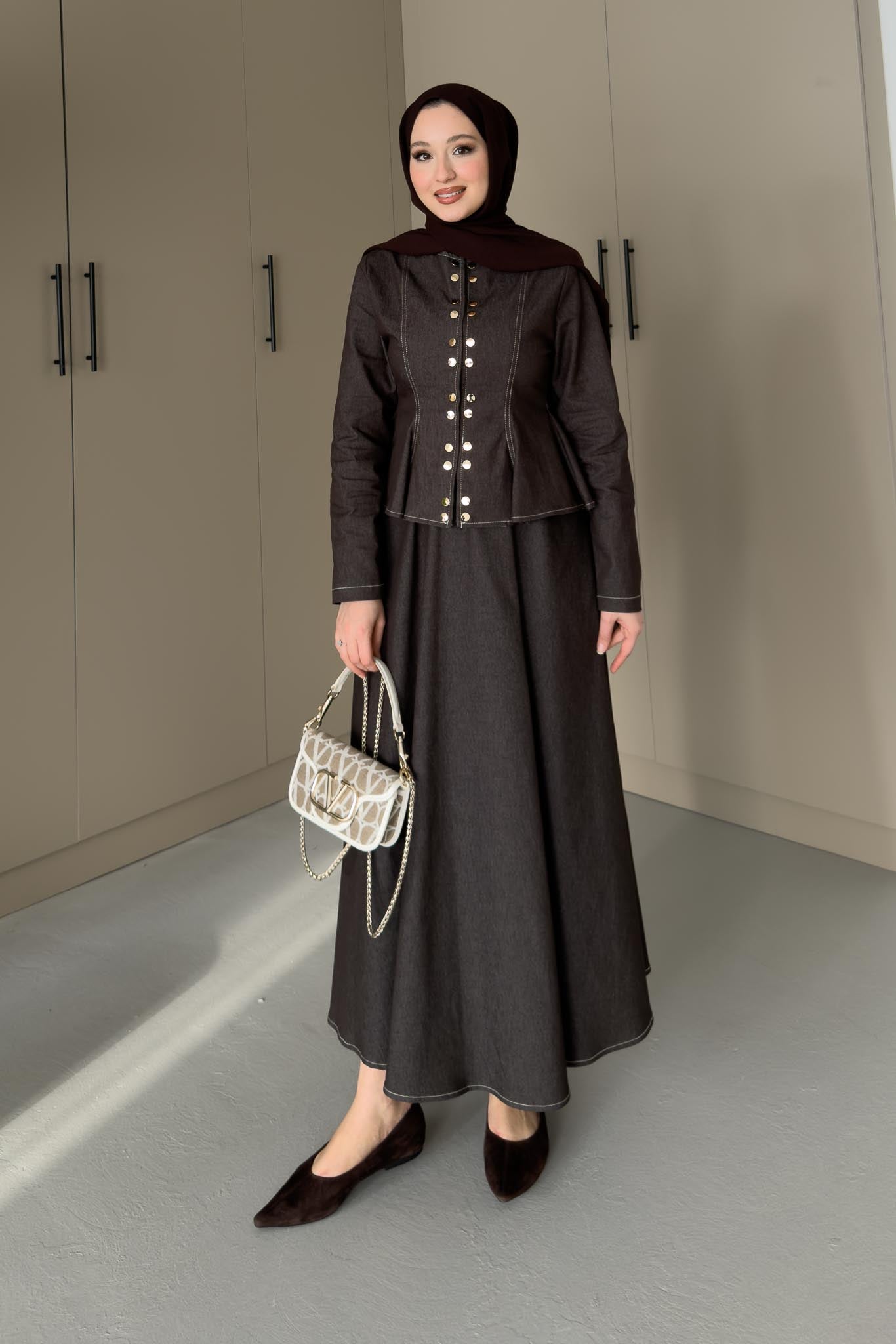 Çıtçıtlı Kot Takım Kahverengi