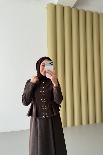 Çıtçıtlı Kot Takım Kahverengi