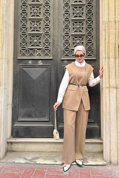Karen Çift Düğmeli Takım Karamel