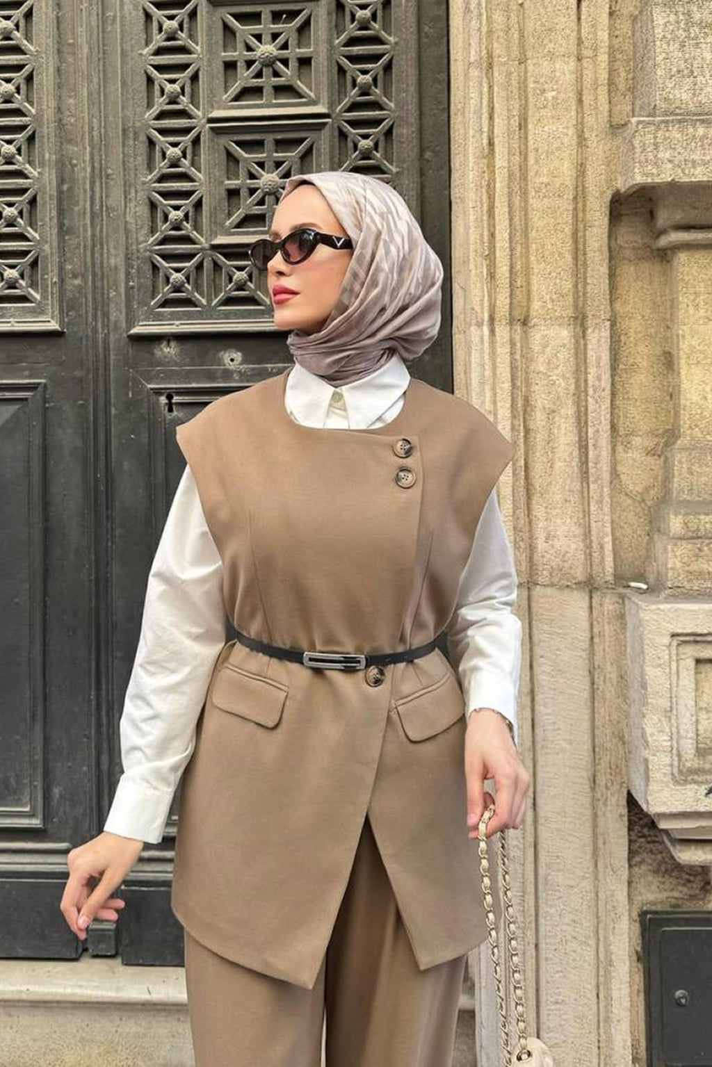 Karen Çift Düğmeli Takım Karamel