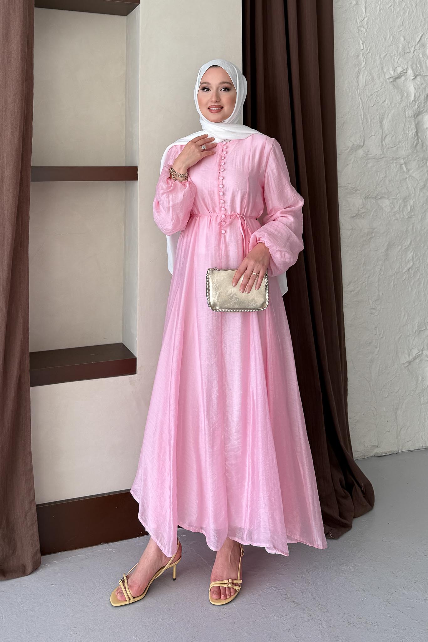 Sedef Şifon Düğmeli Elbise Pembe