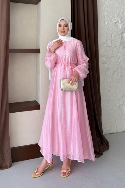 Sedef Şifon Düğmeli Elbise Pembe