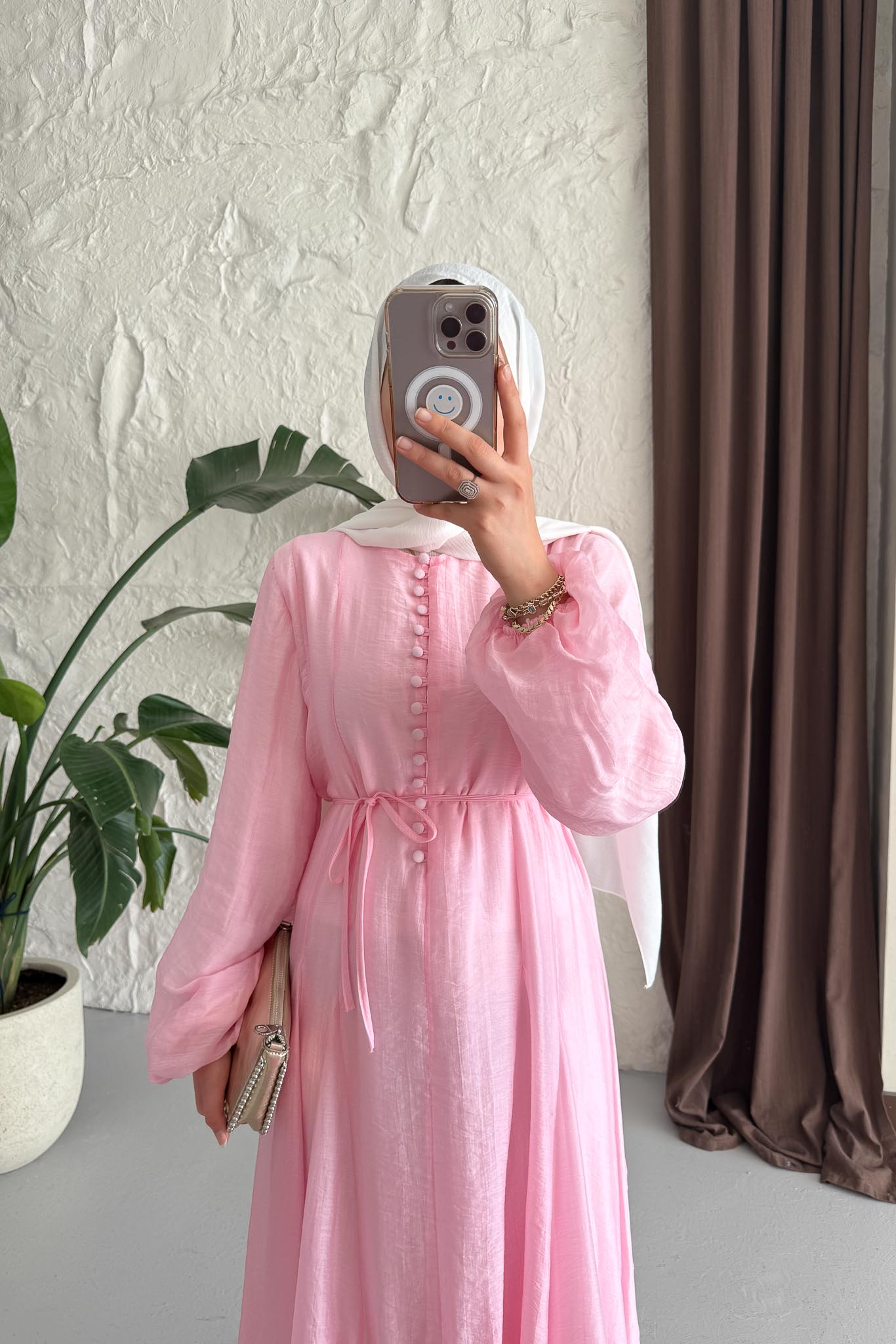 Sedef Şifon Düğmeli Elbise Pembe
