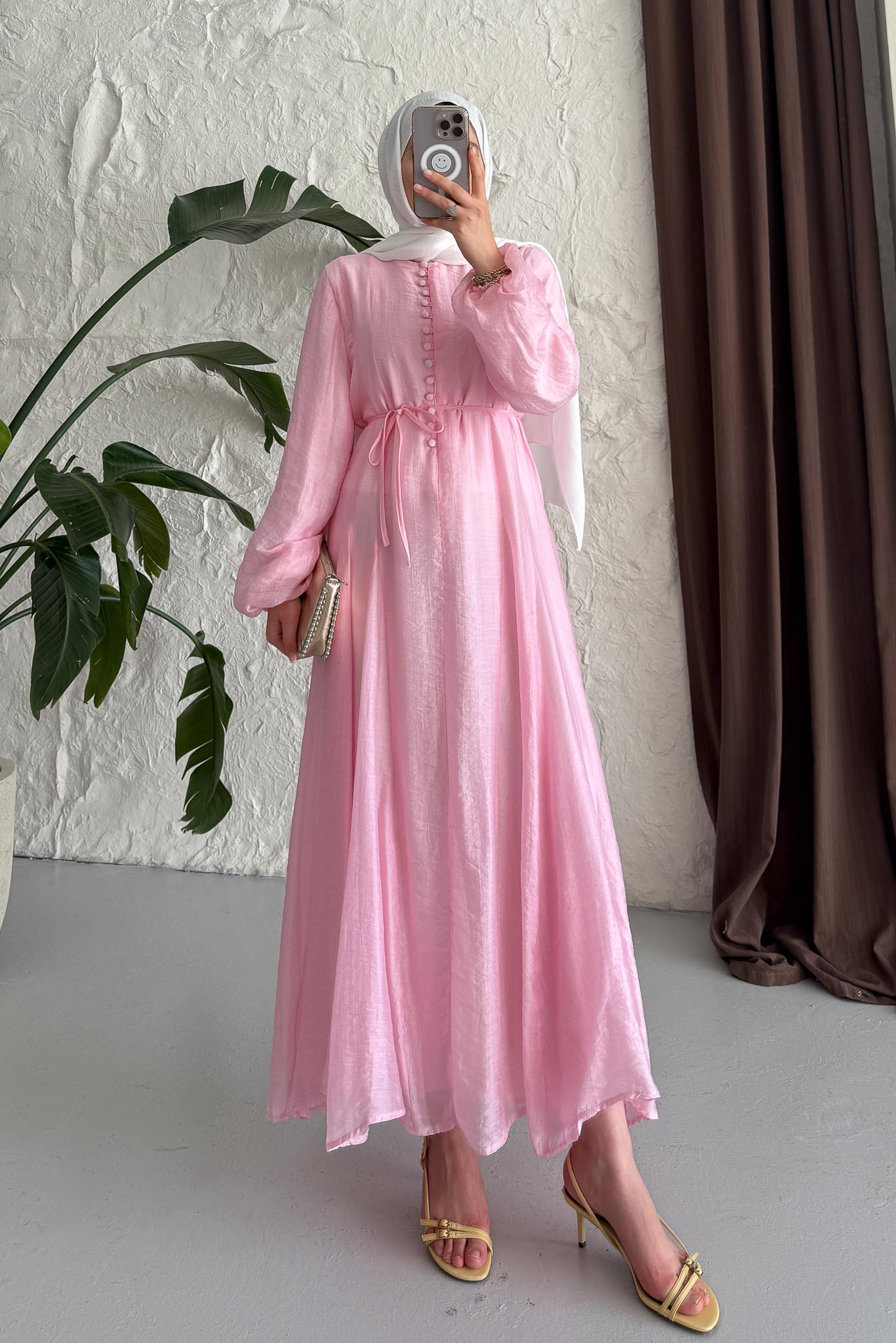 Sedef Şifon Düğmeli Elbise Pembe