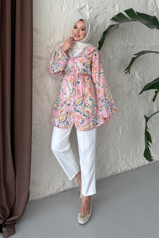 Hamim Desenli Gömlek Kimono Pudra