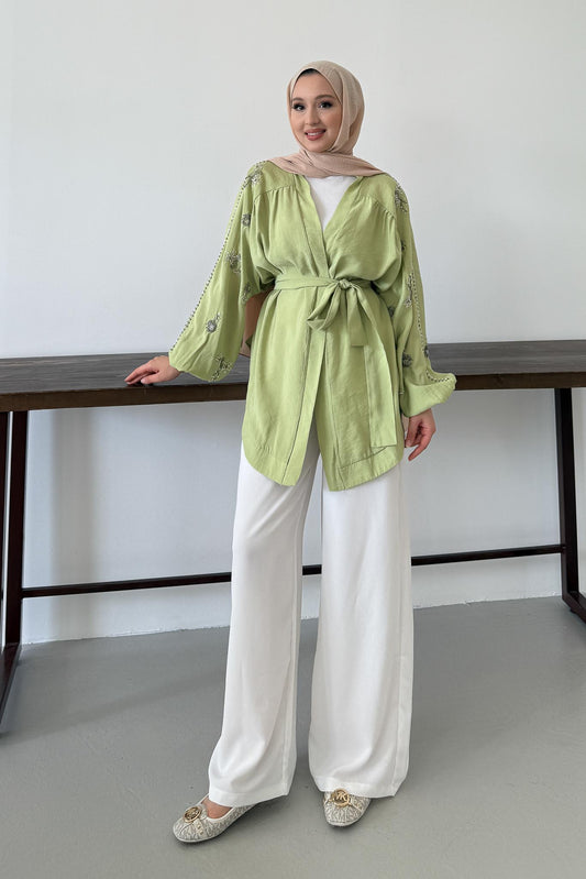 Taşlı Toledo Kimono Yağ Yeşili