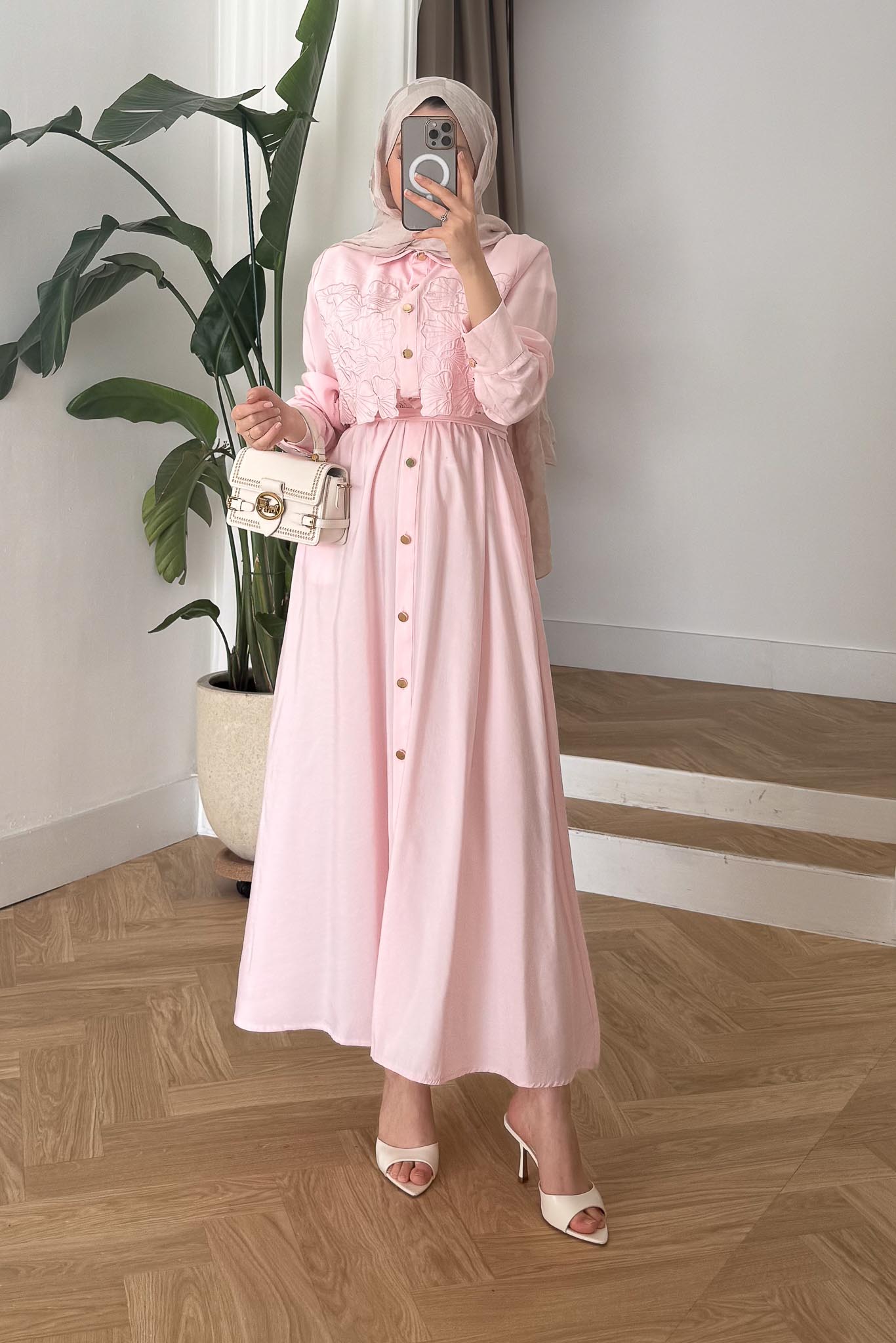 Elliza Dantel Dokuma Elbise Pembe