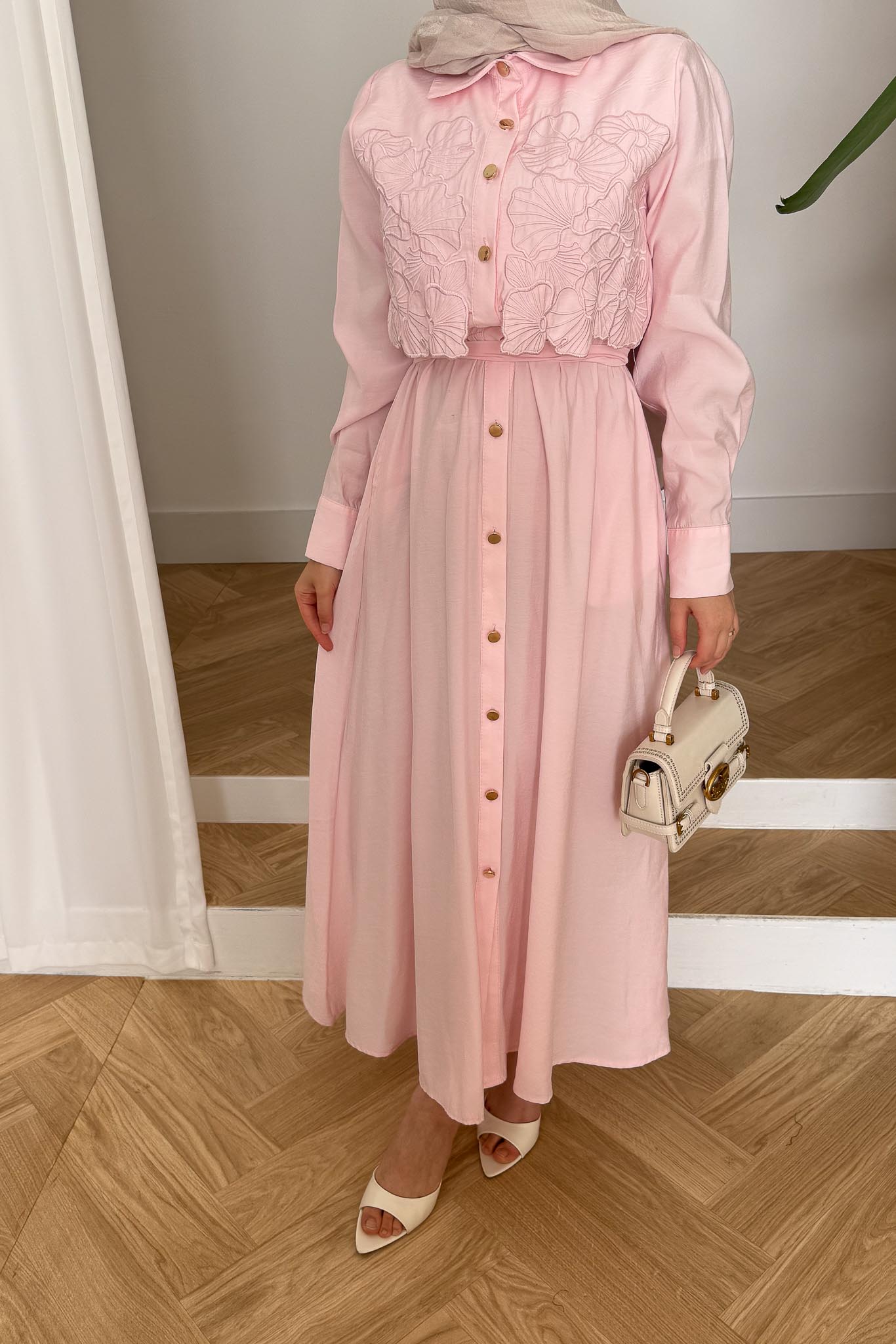 Elliza Dantel Dokuma Elbise Pembe