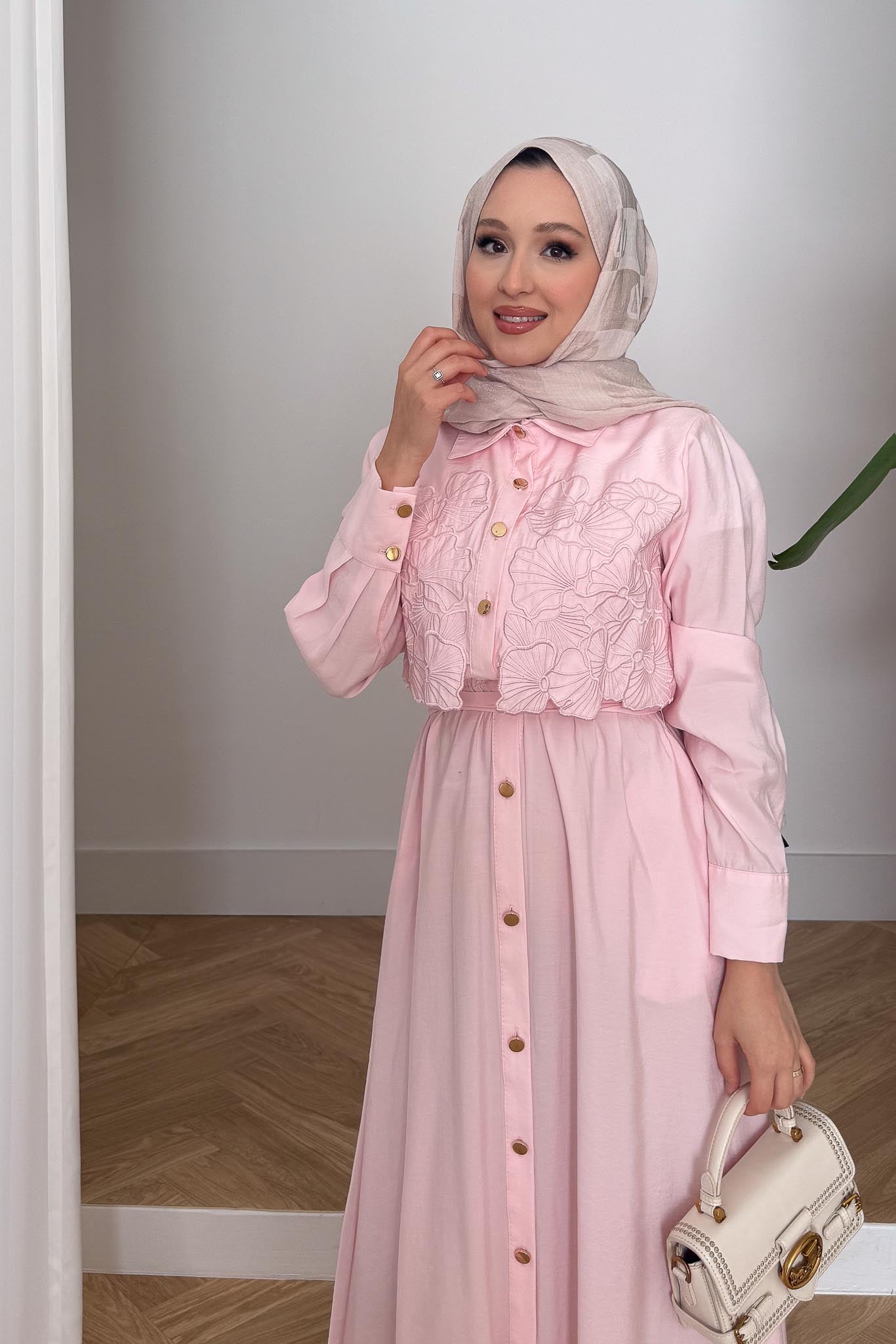 Elliza Dantel Dokuma Elbise Pembe