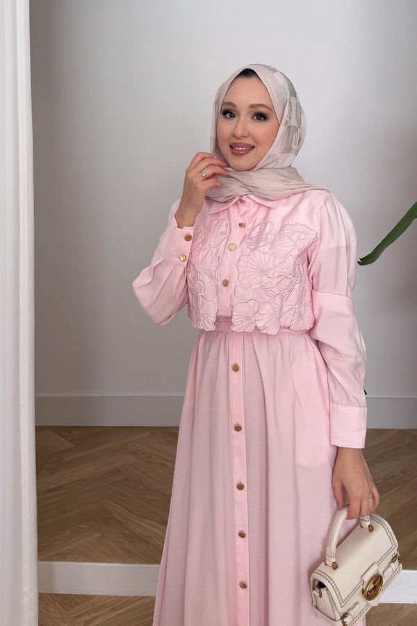 Elliza Dantel Dokuma Elbise Pembe