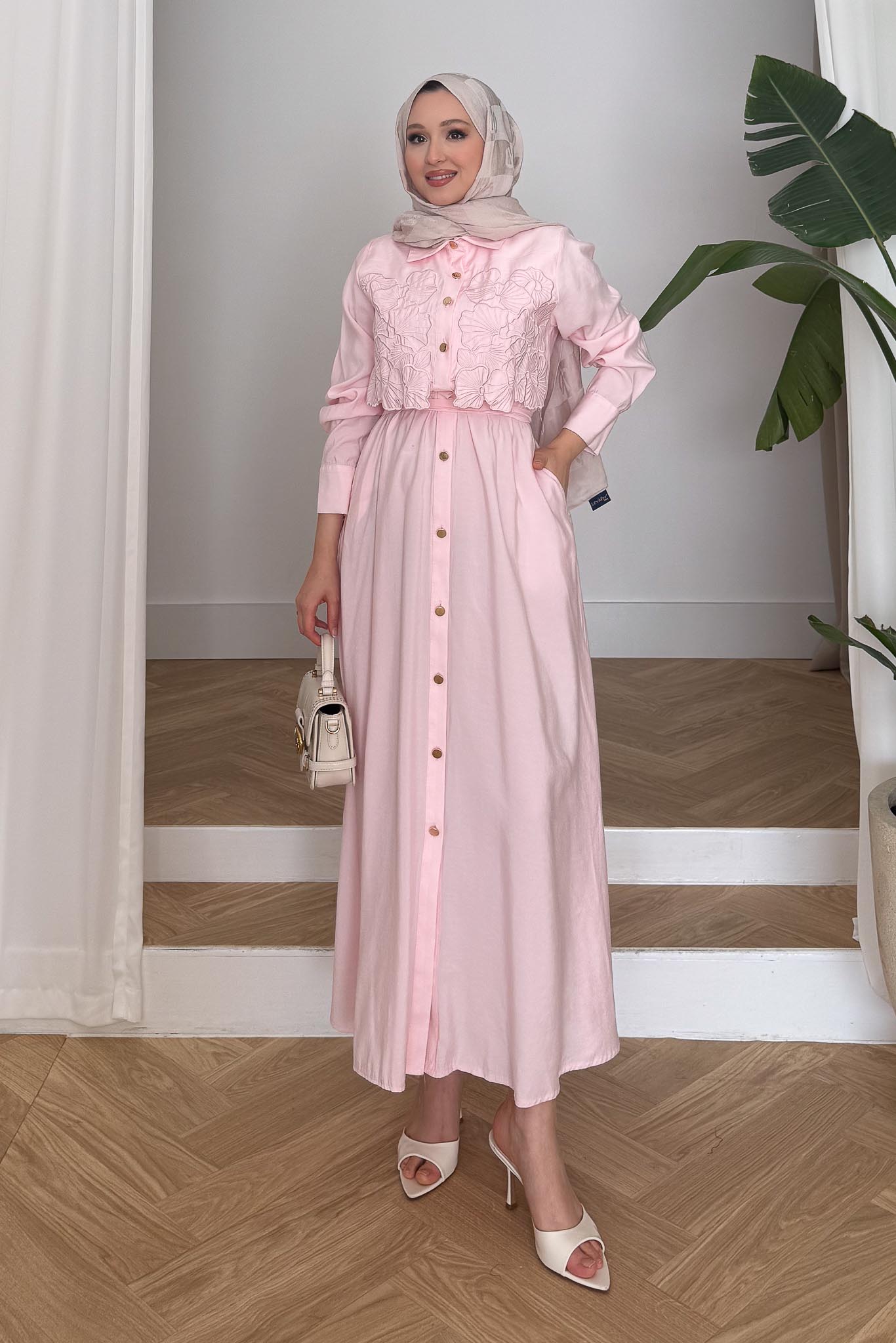 Elliza Dantel Dokuma Elbise Pembe