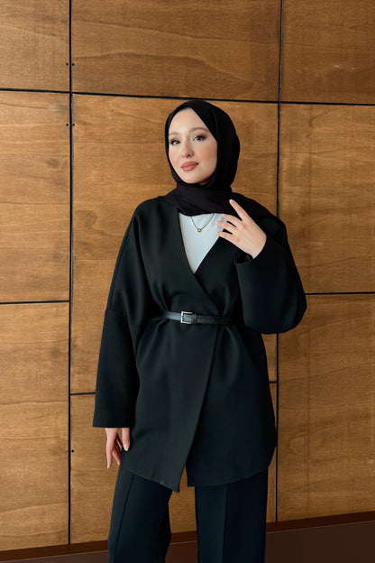 Oxford Kemerli Ceket Siyah