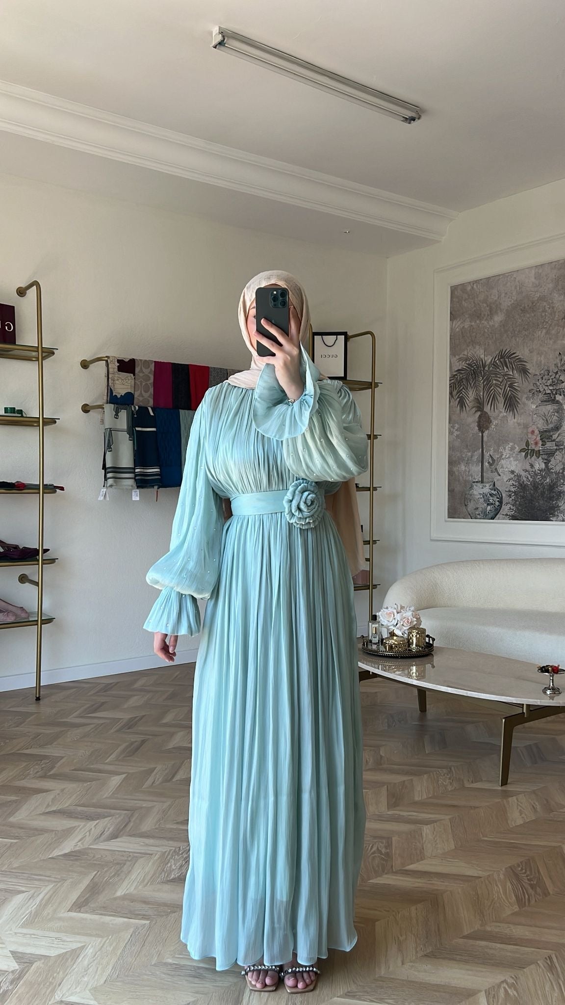 Maria İpek Taşlı Elbise Su Yeşili