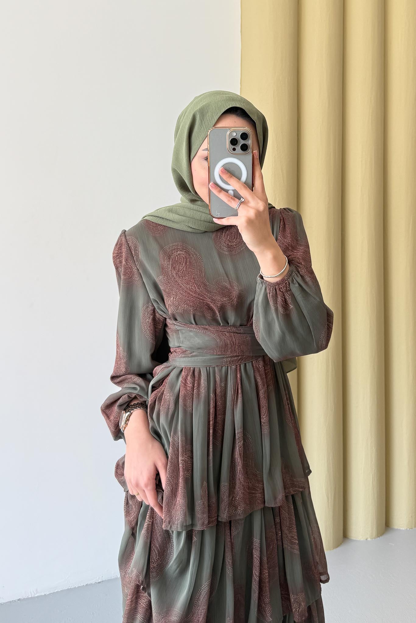Fırça Desenli Elbise Yeşil