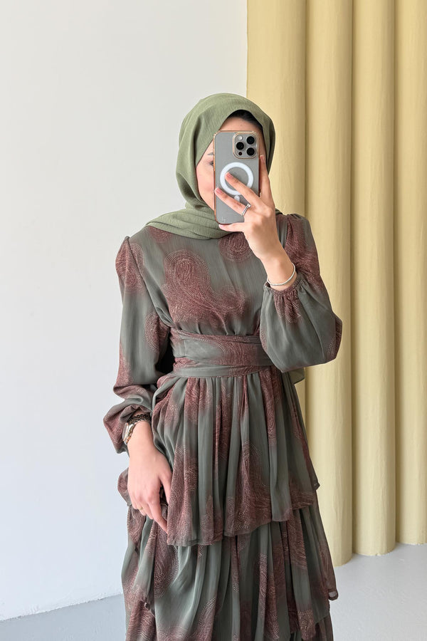 Fırça Desenli Elbise Yeşil