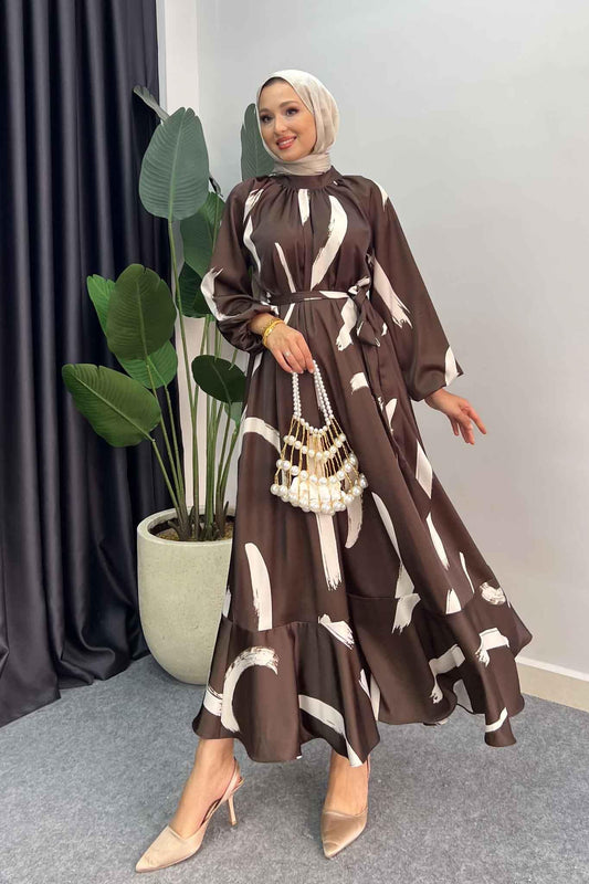 Brush Pattern Silk Satin Dress Brown