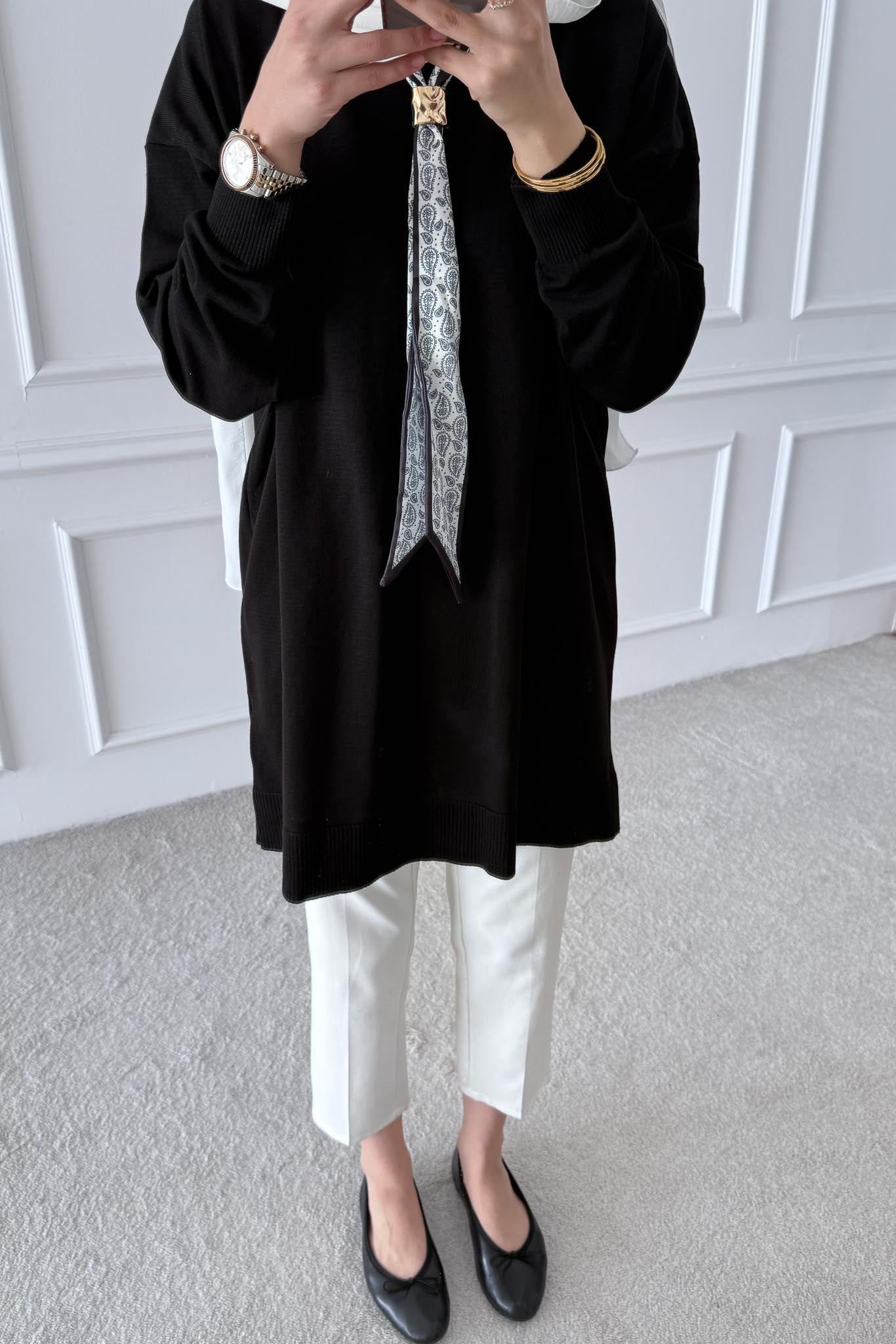 Fularlı Merserize Tunik Siyah