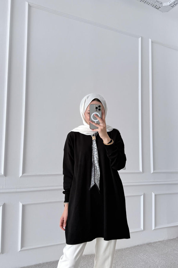 Fularlı Merserize Tunik Siyah