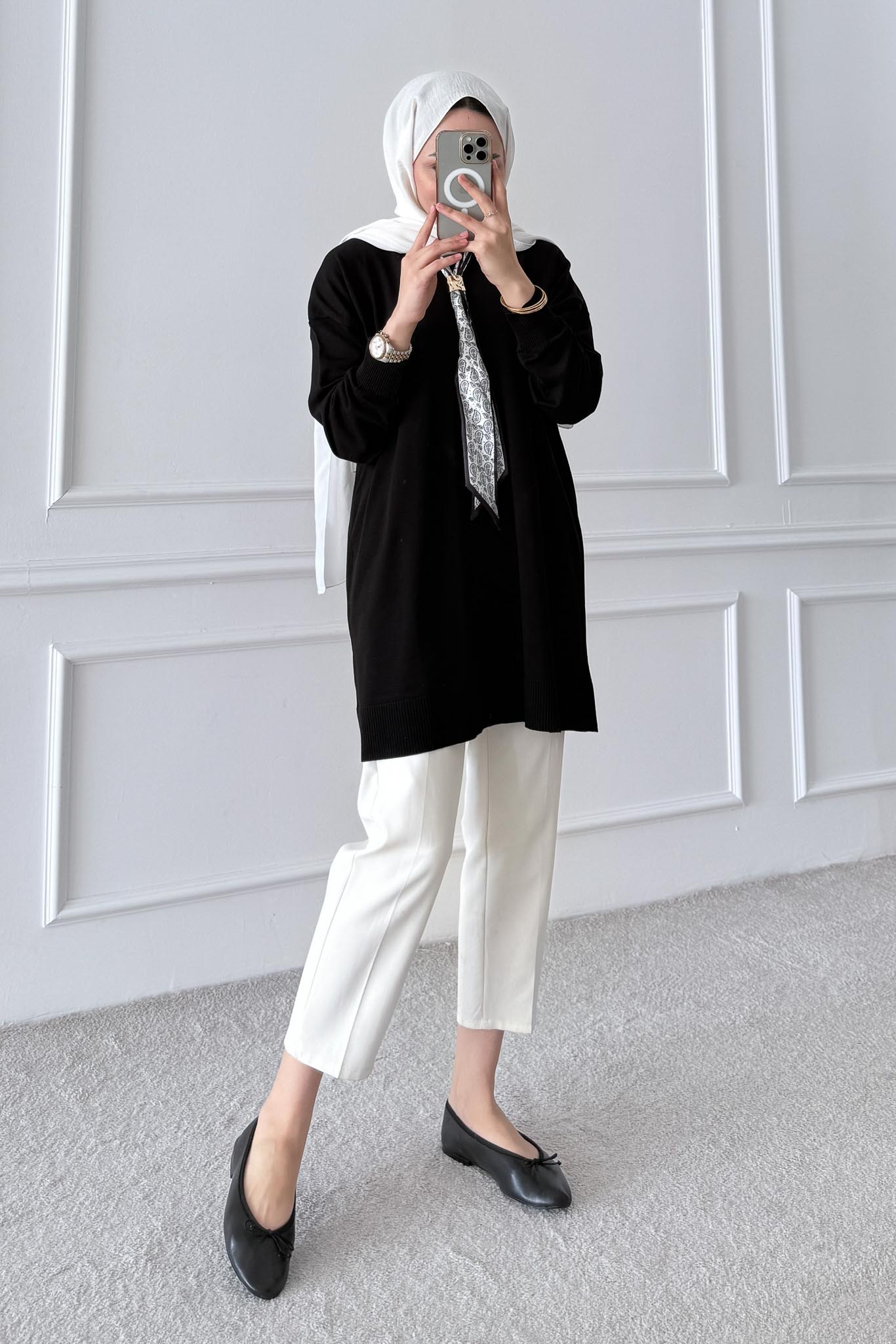 Fularlı Merserize Tunik Siyah