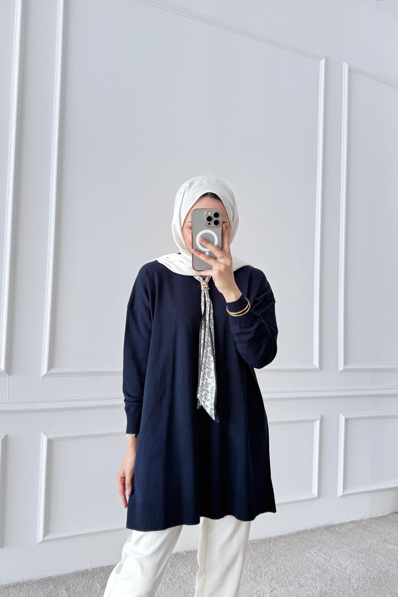 Fularlı Merserize Tunik Lacivert