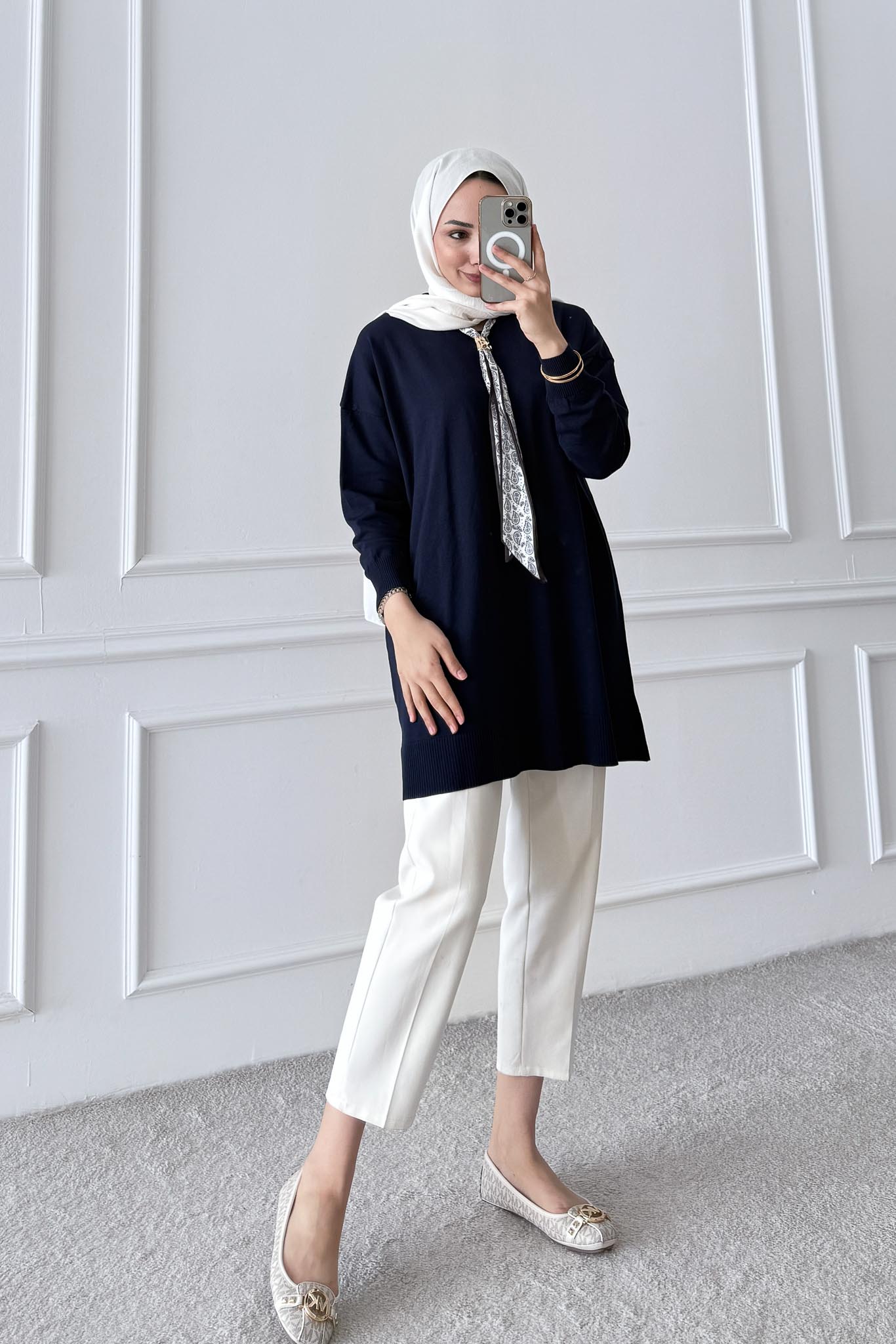 Fularlı Merserize Tunik Lacivert